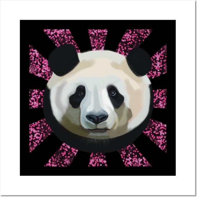 Striking Panda bear on Pink Random Spotted patterned sun rays Wall Art by KateVanFloof